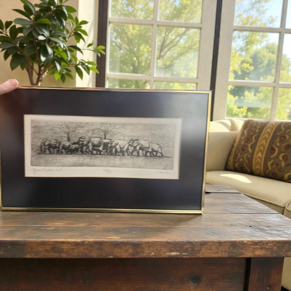 Signed African Elephant Herd Art Print C. Hardie 178/250 Framed Safari Wall Deco